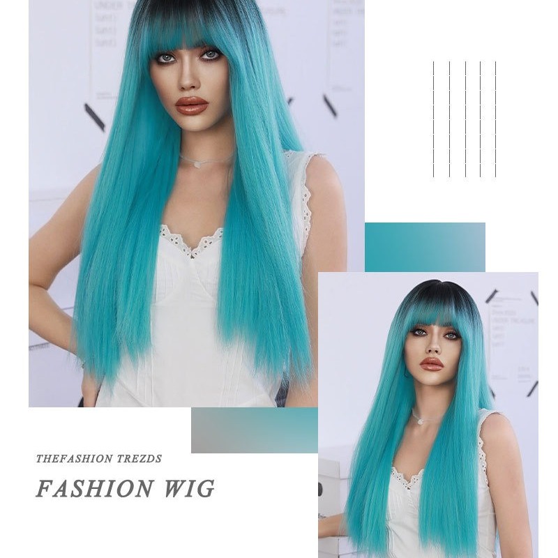 Lagoon Blue Long Straight Hair Wig with Bangs