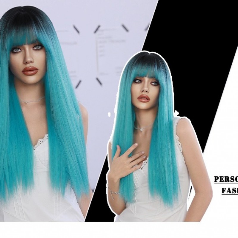 Lagoon Blue Long Straight Hair Wig with Bangs