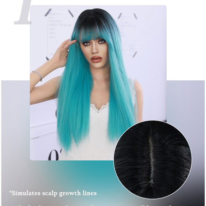 Lagoon Blue Long Straight Hair Wig with Bangs