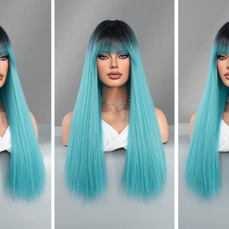 Lagoon Blue Long Straight Hair Wig with Bangs