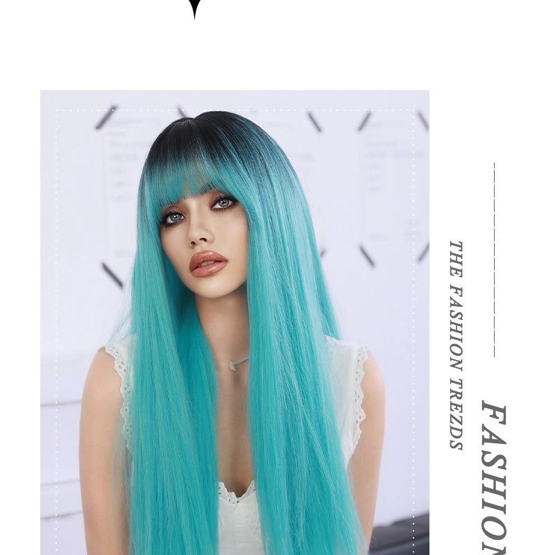 Lagoon Blue Long Straight Hair Wig with Bangs