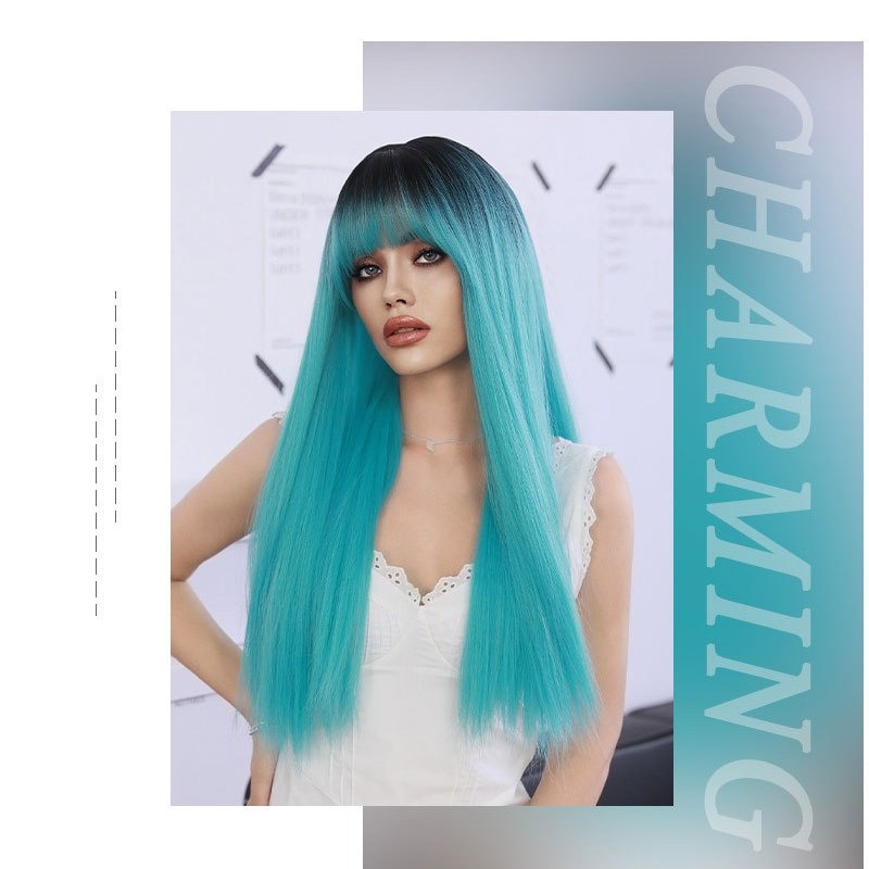 Lagoon Blue Long Straight Hair Wig with Bangs