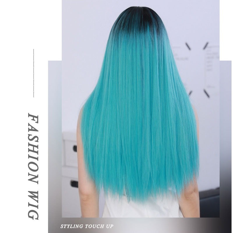 Lagoon Blue Long Straight Hair Wig with Bangs