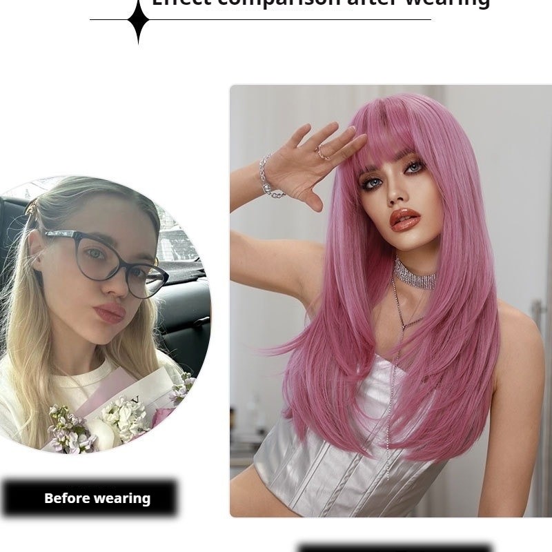 Dreamy Pink Long Straight Wig with Thin Vine Gradient Synthetic Wig