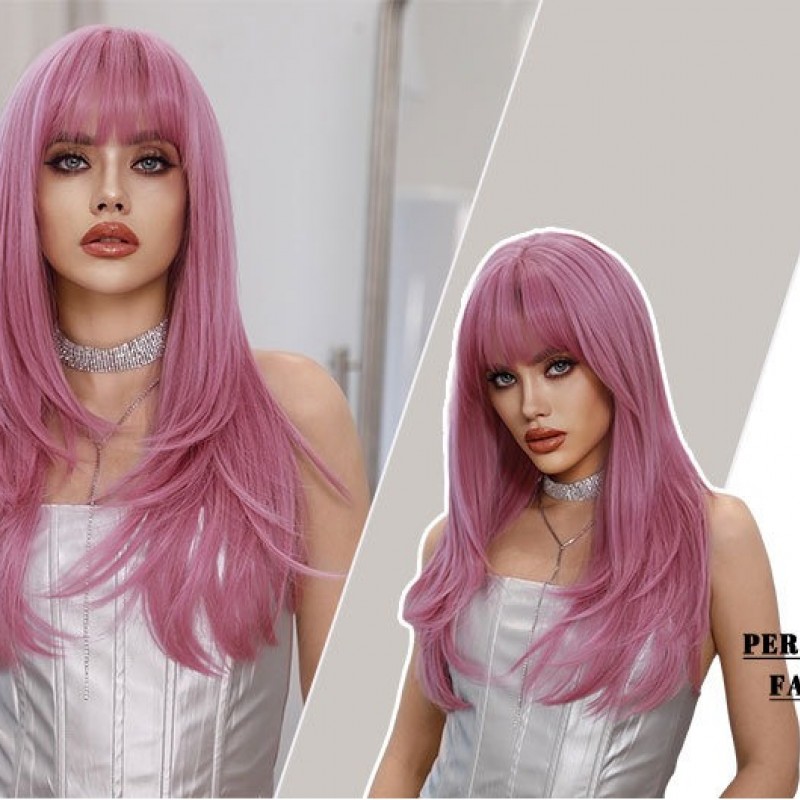 Dreamy Pink Long Straight Wig with Thin Vine Gradient Synthetic Wig