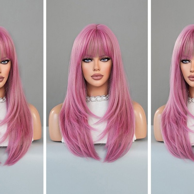 Dreamy Pink Long Straight Wig with Thin Vine Gradient Synthetic Wig