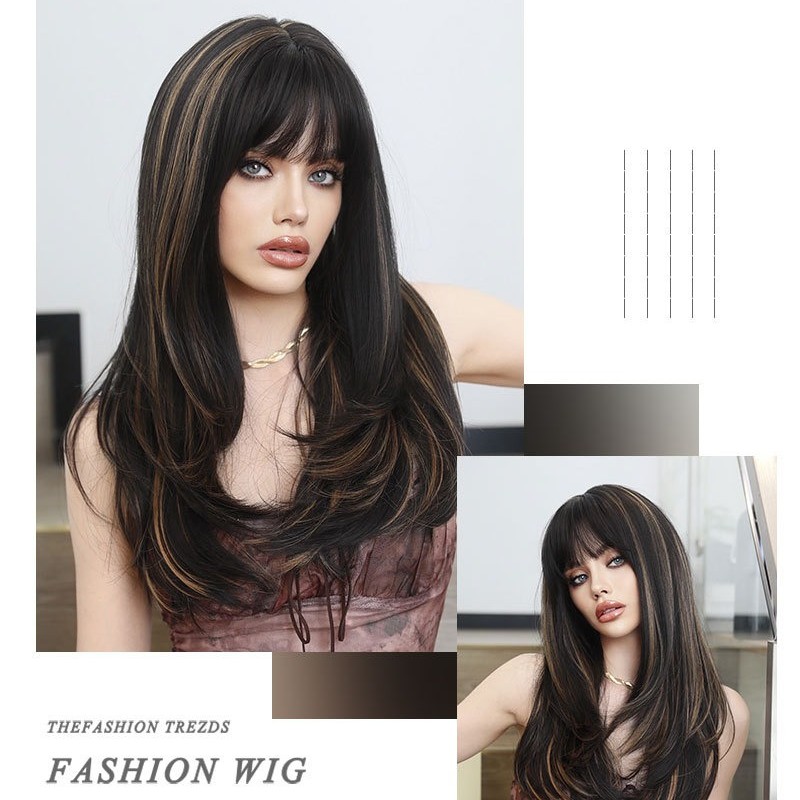 Black-Brown Long Straight Wig with Gold Highlights Synthetic Wig