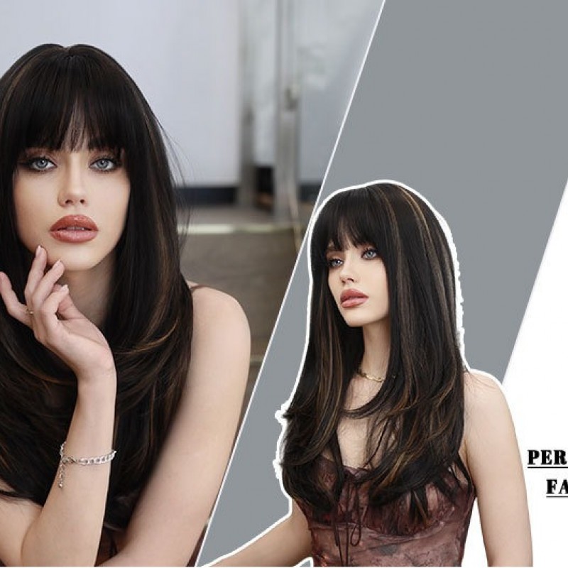 Black-Brown Long Straight Wig with Gold Highlights Synthetic Wig