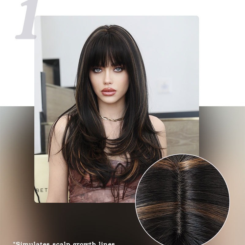 Black-Brown Long Straight Wig with Gold Highlights Synthetic Wig