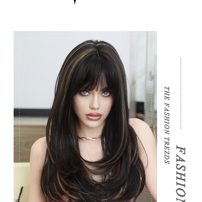 Black-Brown Long Straight Wig with Gold Highlights Synthetic Wig