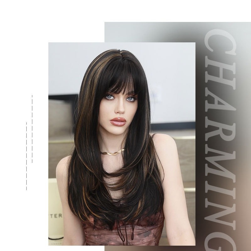 Black-Brown Long Straight Wig with Gold Highlights Synthetic Wig