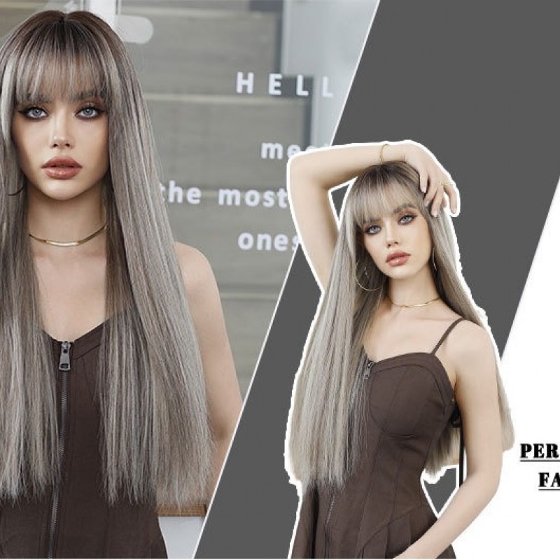 Marled Brown Long Straight Hair Wig with Highlights