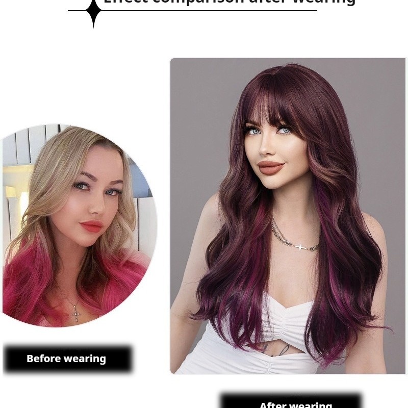 Ombre Purple Straight Bangs Long Wavy Wig with Big Waves