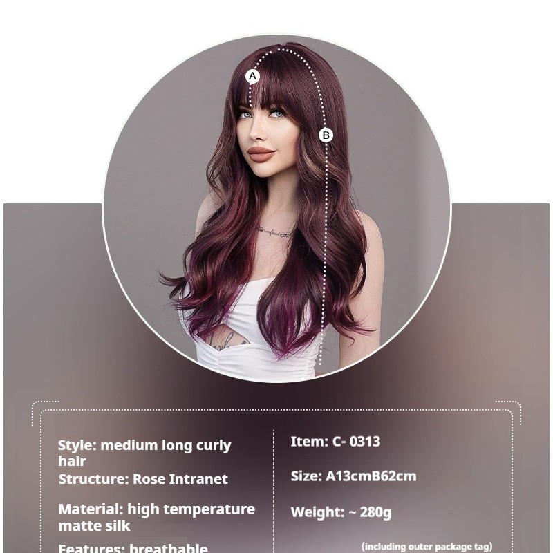 Ombre Purple Straight Bangs Long Wavy Wig with Big Waves