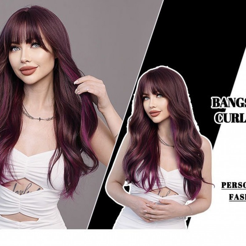 Ombre Purple Straight Bangs Long Wavy Wig with Big Waves