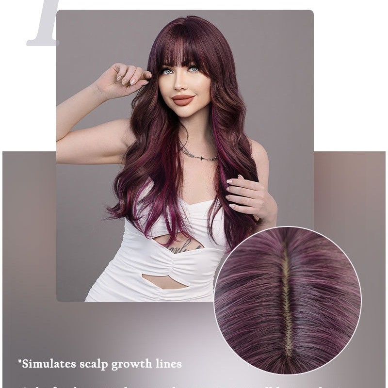 Ombre Purple Straight Bangs Long Wavy Wig with Big Waves