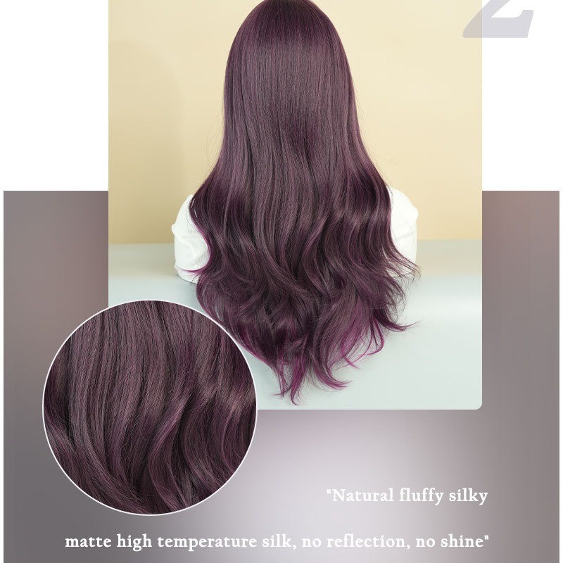 Ombre Purple Straight Bangs Long Wavy Wig with Big Waves