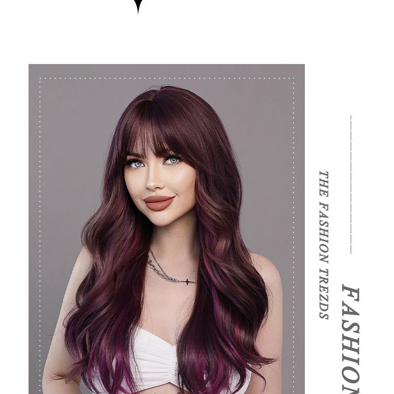 Ombre Purple Straight Bangs Long Wavy Wig with Big Waves