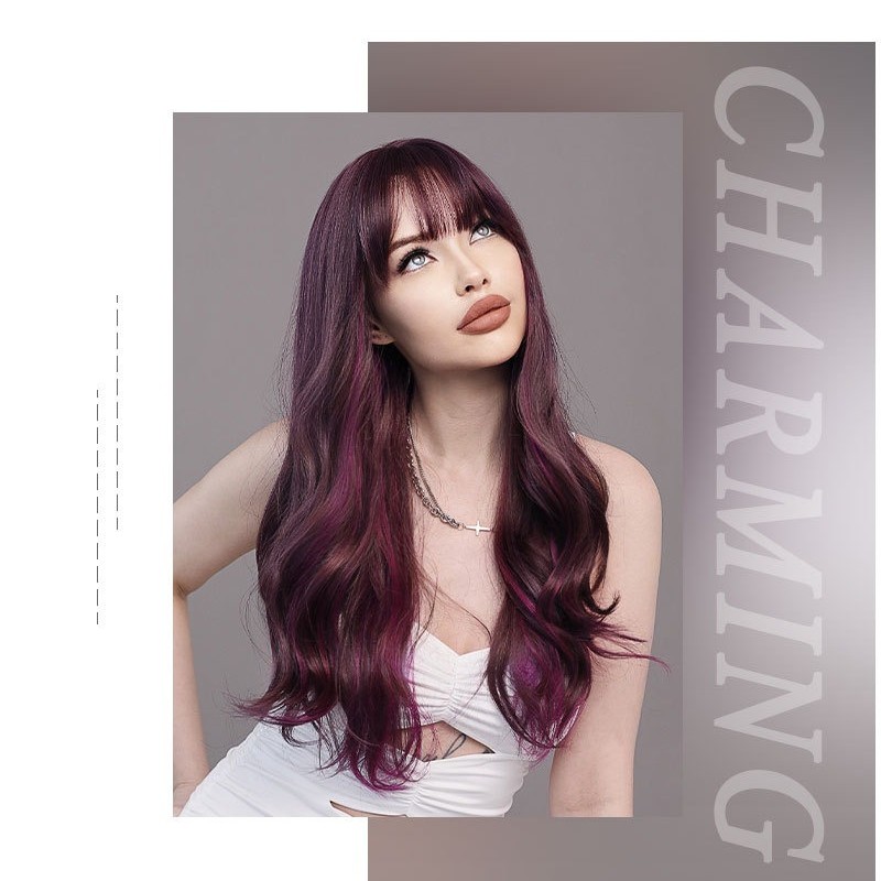 Ombre Purple Straight Bangs Long Wavy Wig with Big Waves