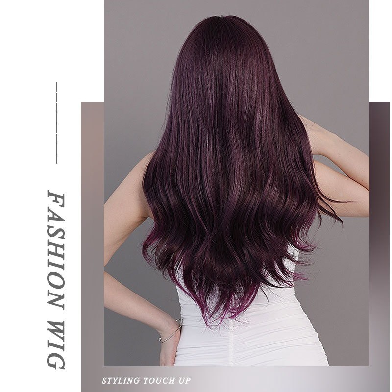 Ombre Purple Straight Bangs Long Wavy Wig with Big Waves