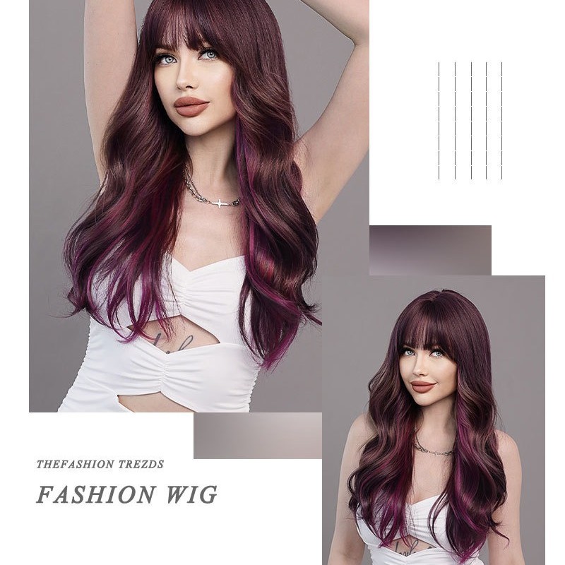 Ombre Purple Straight Bangs Long Wavy Wig with Big Waves