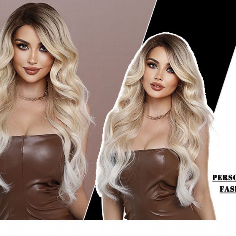 T-Part Lace Side-Parted Champagne Blonde Gradient Wave Synthetic Wig