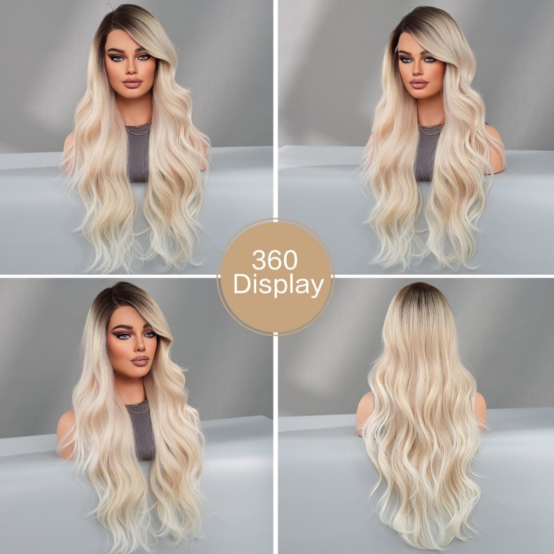 T-Part Lace Side-Parted Champagne Blonde Gradient Wave Synthetic Wig