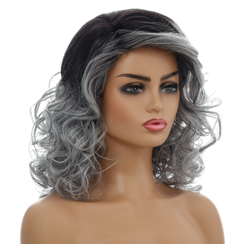 Slanted Bangs Wig with Gradient Short Curls Synthetic Wig