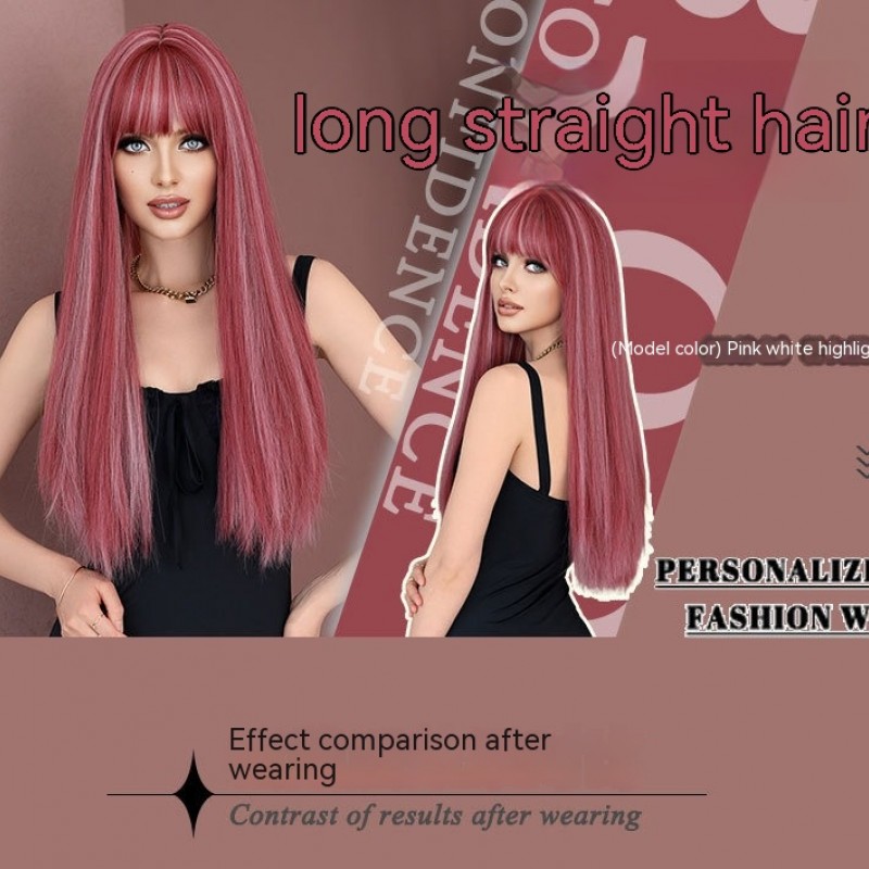 Pink Highlights Long Straight Hair Wig Perfect for Lolita Style