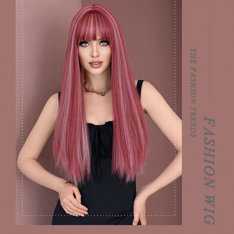 Pink Highlights Long Straight Hair Wig Perfect for Lolita Style