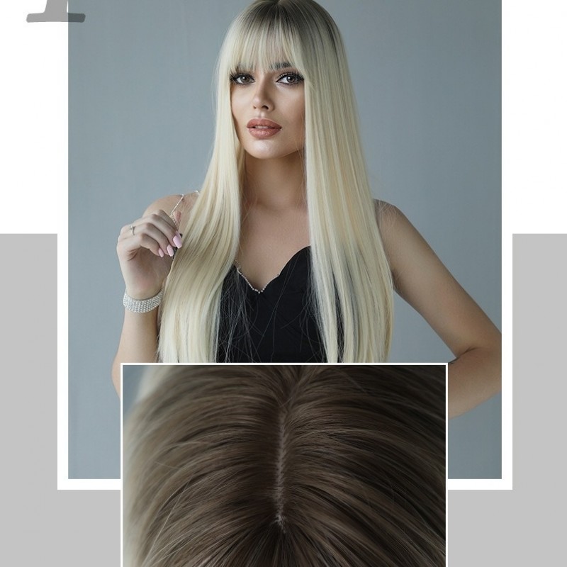 Extra-Long Straight Platinum to Pencil Gray Ombre Synthetic Wig