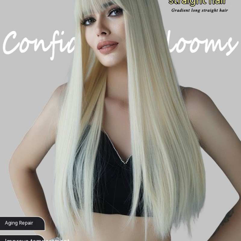 Extra-Long Straight Platinum to Pencil Gray Ombre Synthetic Wig