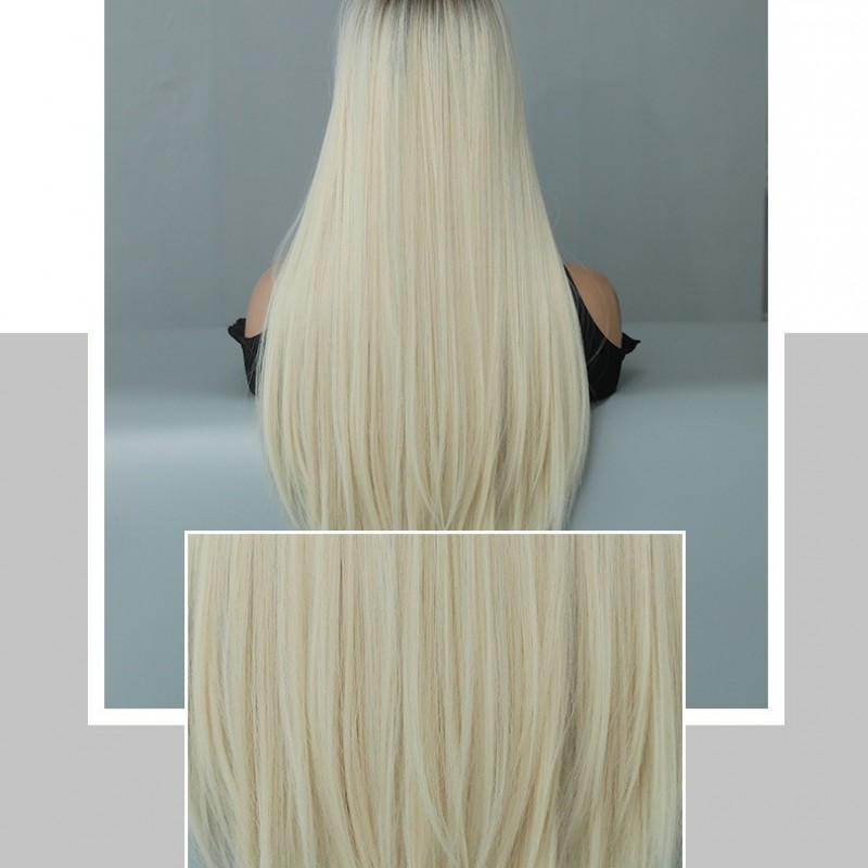 Extra-Long Straight Platinum to Pencil Gray Ombre Synthetic Wig