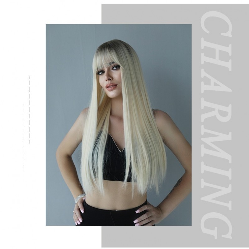 Extra-Long Straight Platinum to Pencil Gray Ombre Synthetic Wig