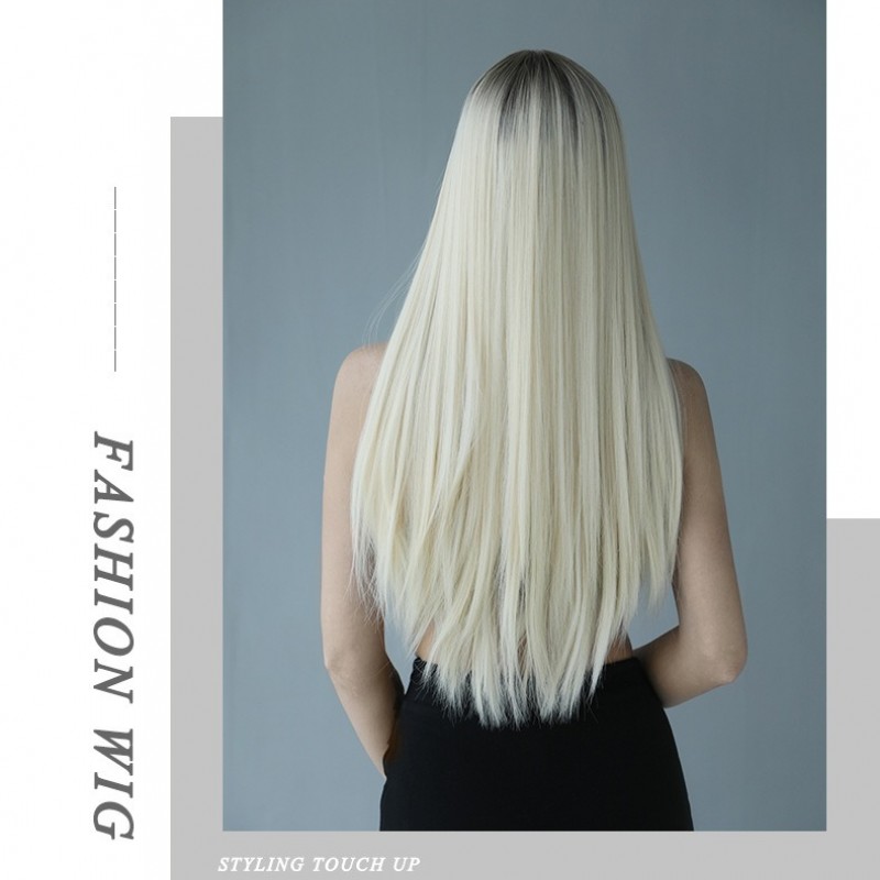 Extra-Long Straight Platinum to Pencil Gray Ombre Synthetic Wig