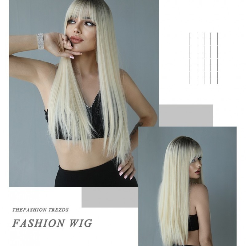 Extra-Long Straight Platinum to Pencil Gray Ombre Synthetic Wig