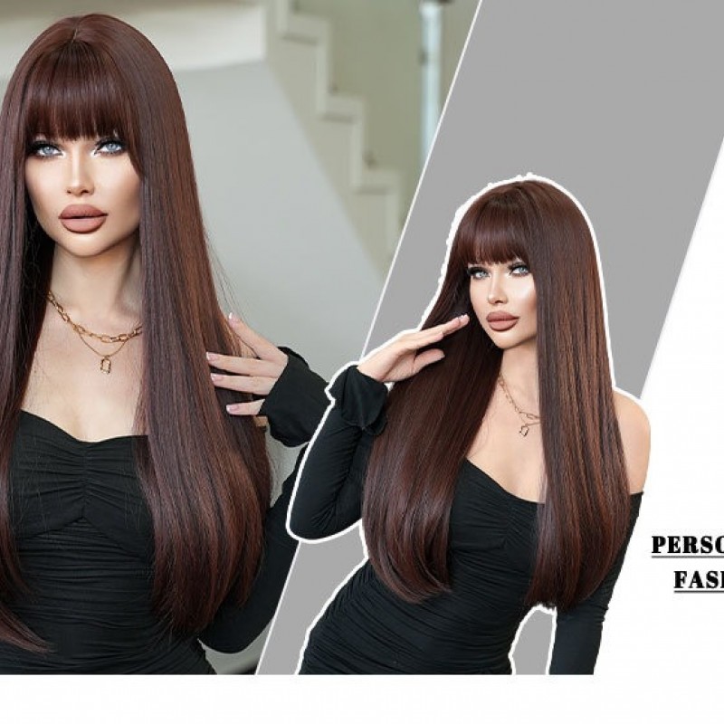 Extra-Long Straight Mocha Brown Wig with Bangs