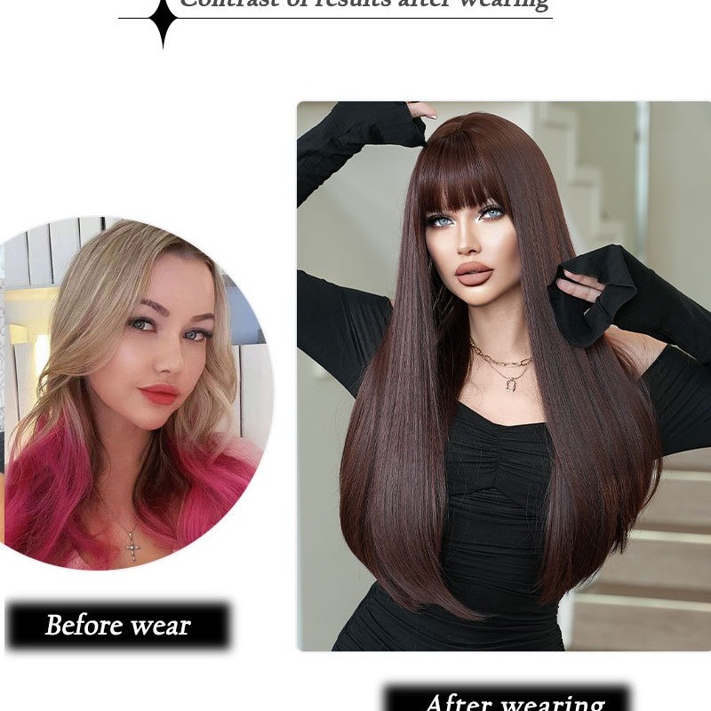 Extra-Long Straight Mocha Brown Wig with Bangs