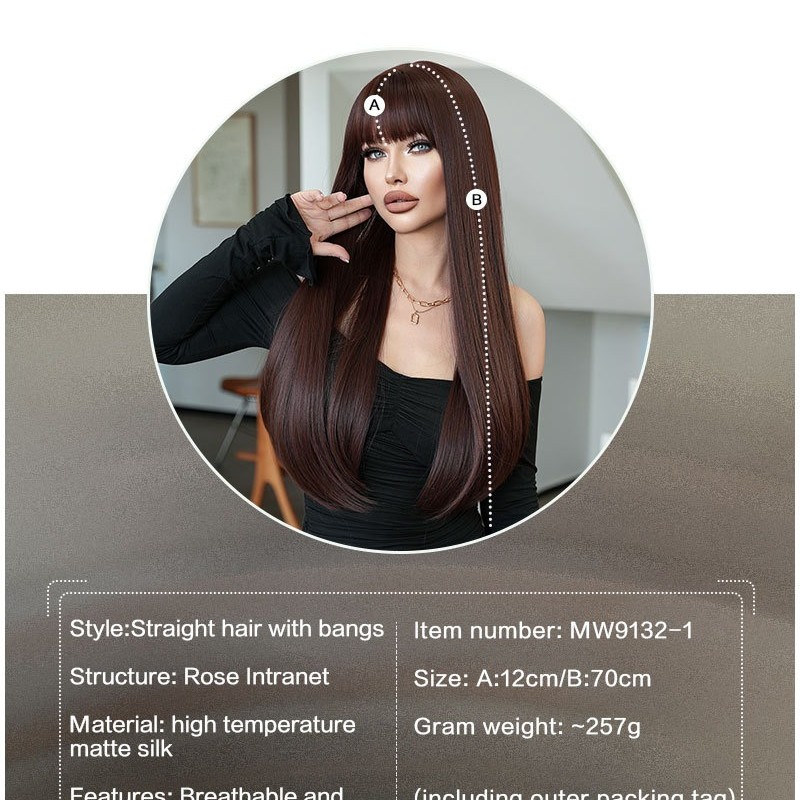 Extra-Long Straight Mocha Brown Wig with Bangs