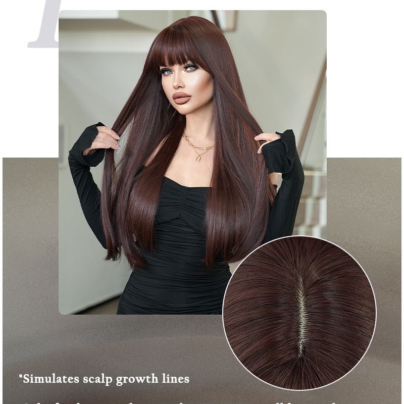 Extra-Long Straight Mocha Brown Wig with Bangs