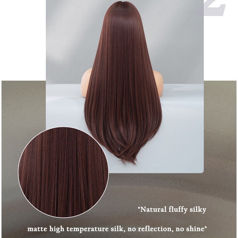 Extra-Long Straight Mocha Brown Wig with Bangs