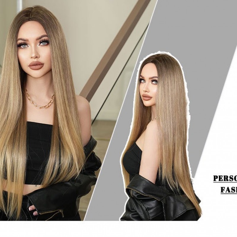 Extra-Long Straight Golden Ombre Synthetic Wig