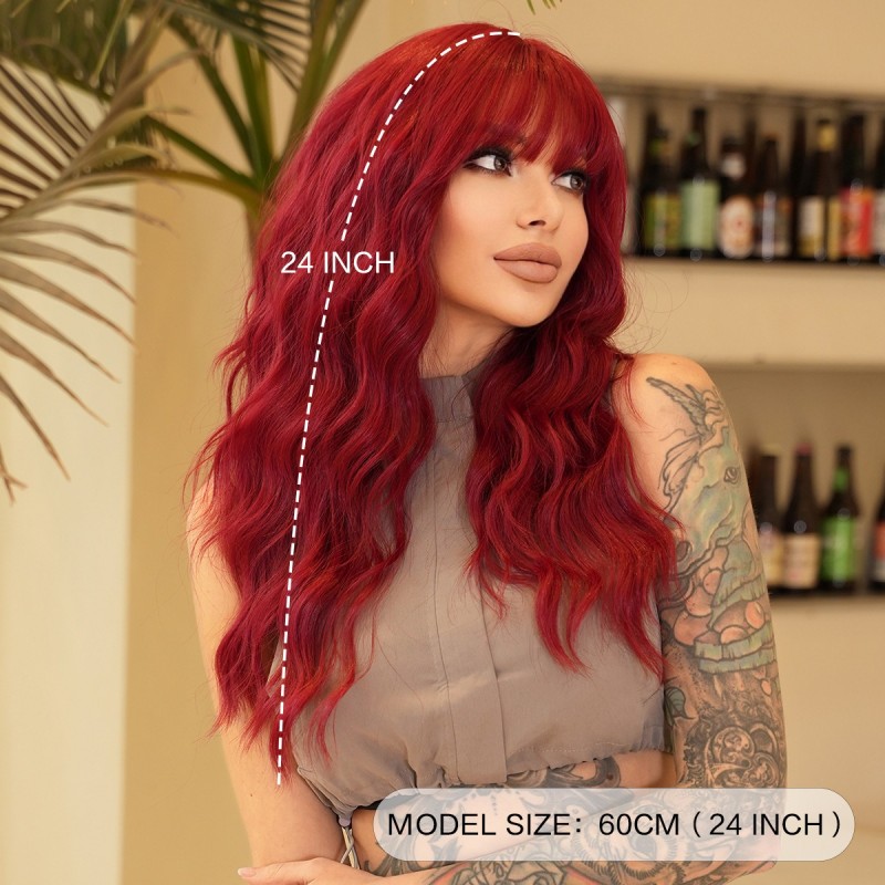 Enchanting Red Wavy Wool Curls Wig with Bangs Synthetic Wig