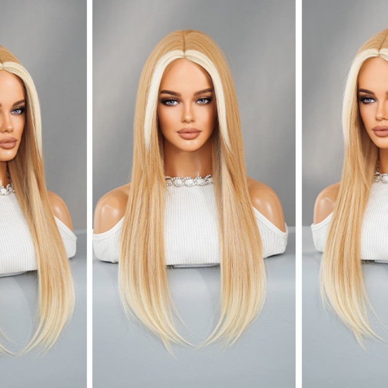 Elegant Tea and Gold Layered Long Straight Wig with Highlights