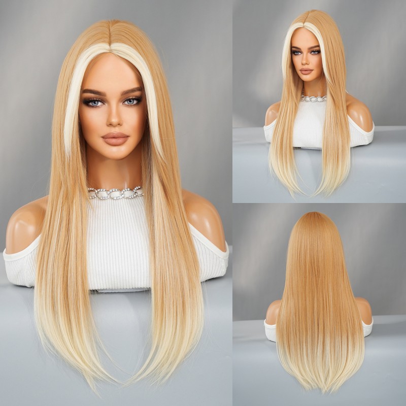 Elegant Tea and Gold Layered Long Straight Wig with Highlights