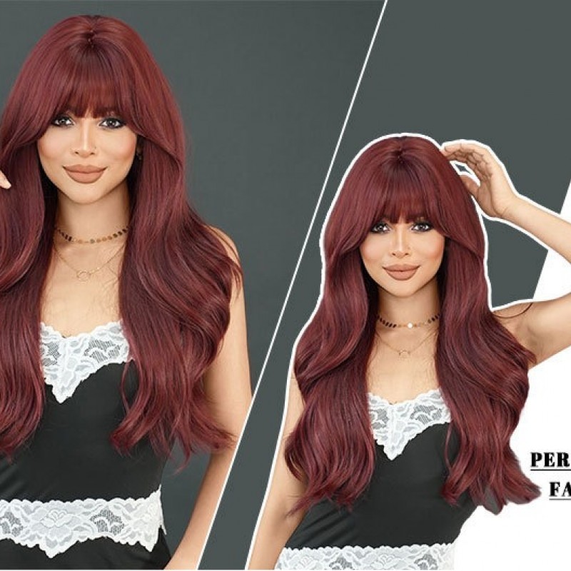 Flaming Crimson Allure Synthetic Full Head Curls Waves & Bangs Passionately Red 70cm