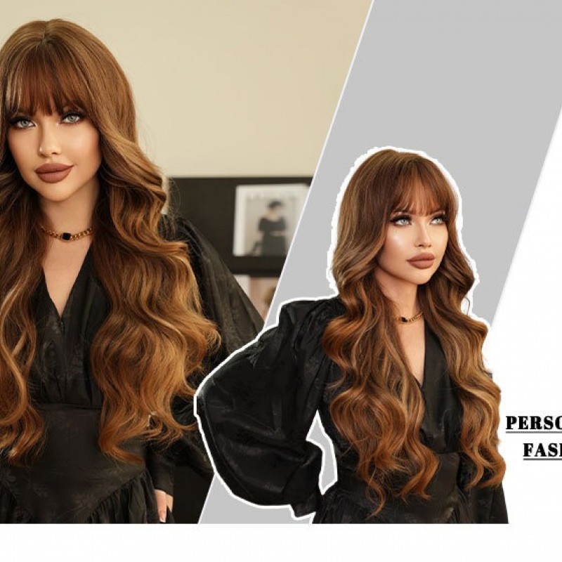 Golden Balayage Long Curls with Bangs Wig