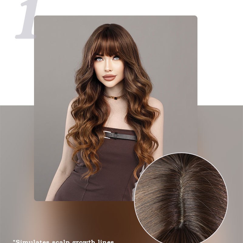 Golden Brown Ombré Straight Bangs Korean Big Wave Wig