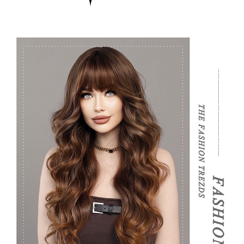 Golden Brown Ombré Straight Bangs Korean Big Wave Wig