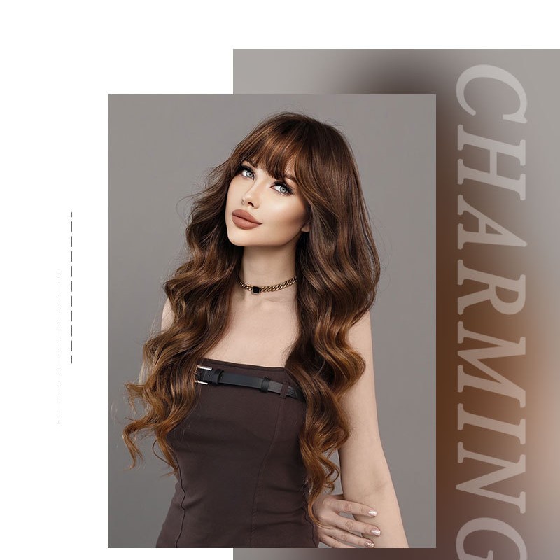 Golden Brown Ombré Straight Bangs Korean Big Wave Wig